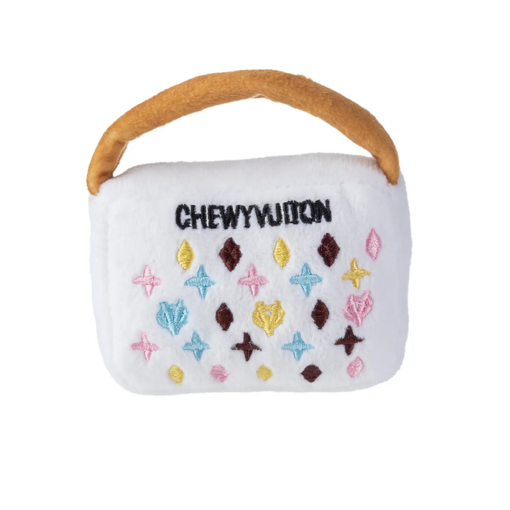 White Chewy Vuiton Purse Squeaker Dog Toy