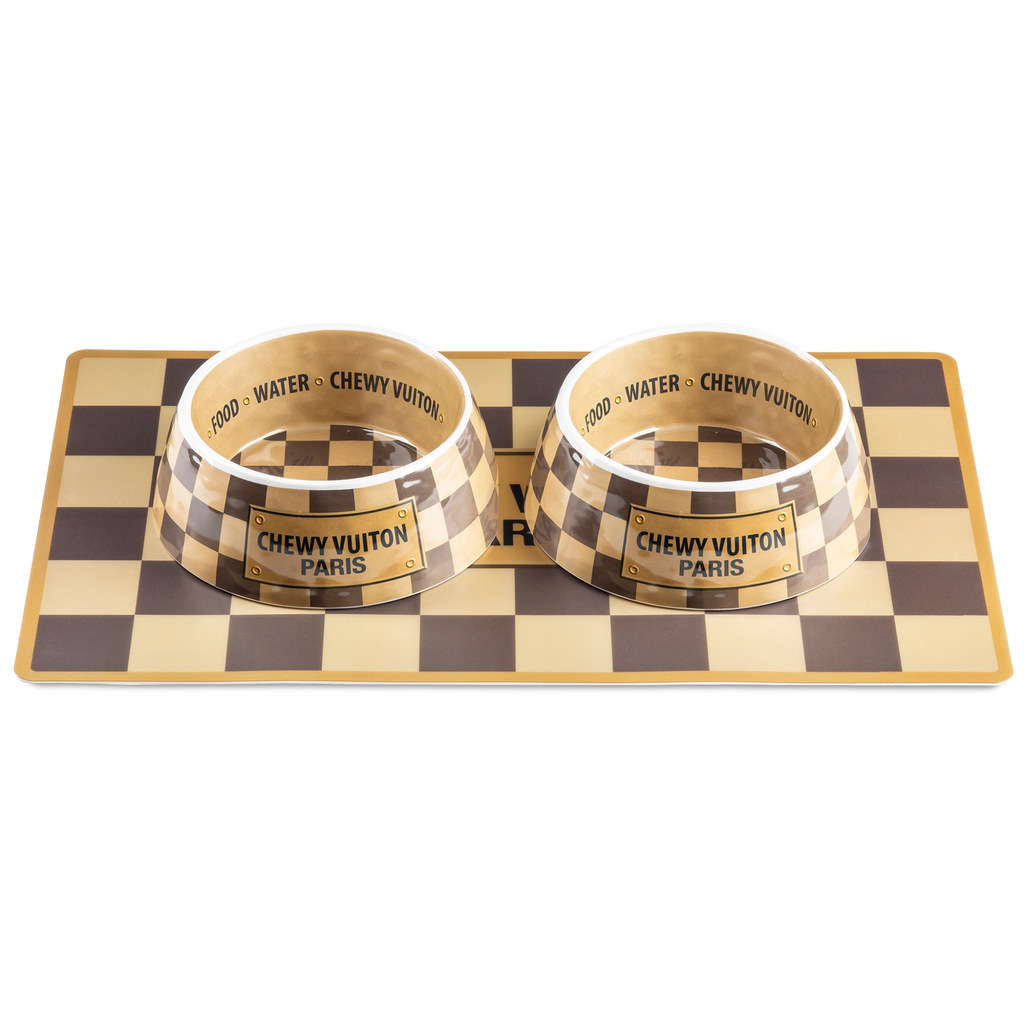 Checkered Chewy Vuiton Bowls & Mat Set Dog Food Bowl